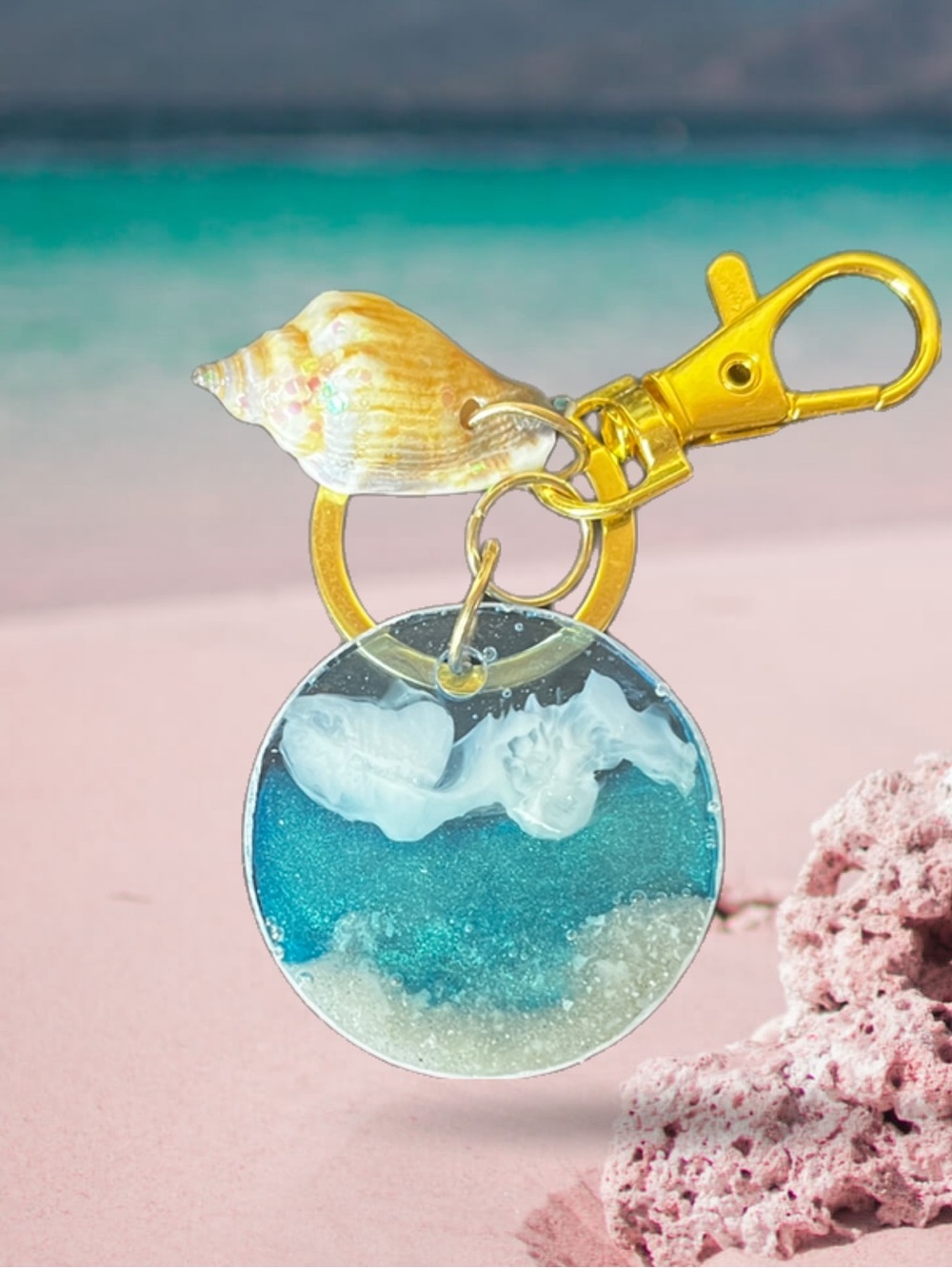 Handmade Gold Hardware Beach Resin Keychain - Ocean Blue & Sand w/Sea Shell